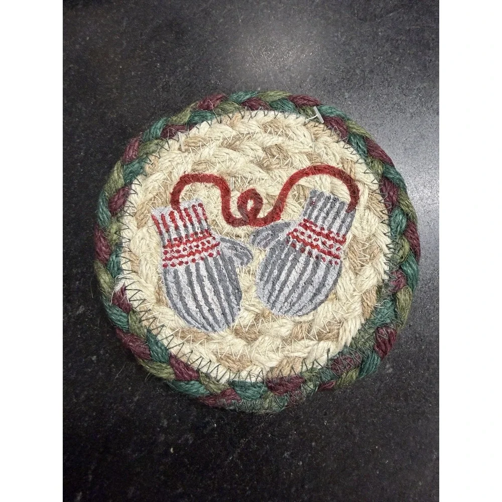 Set of 4 Capitol Earth Rugs Winter Mittens Jute Coasters 5x5 C-508 Round Holiday
